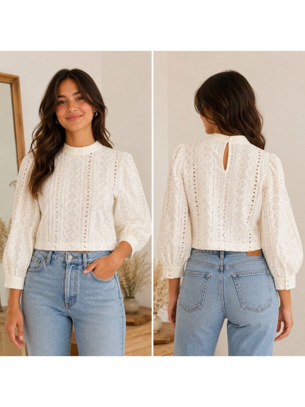 Choosy Eyelet Mock Neck Blouse Top Puff Long Sleeve XS White Cotton Blend